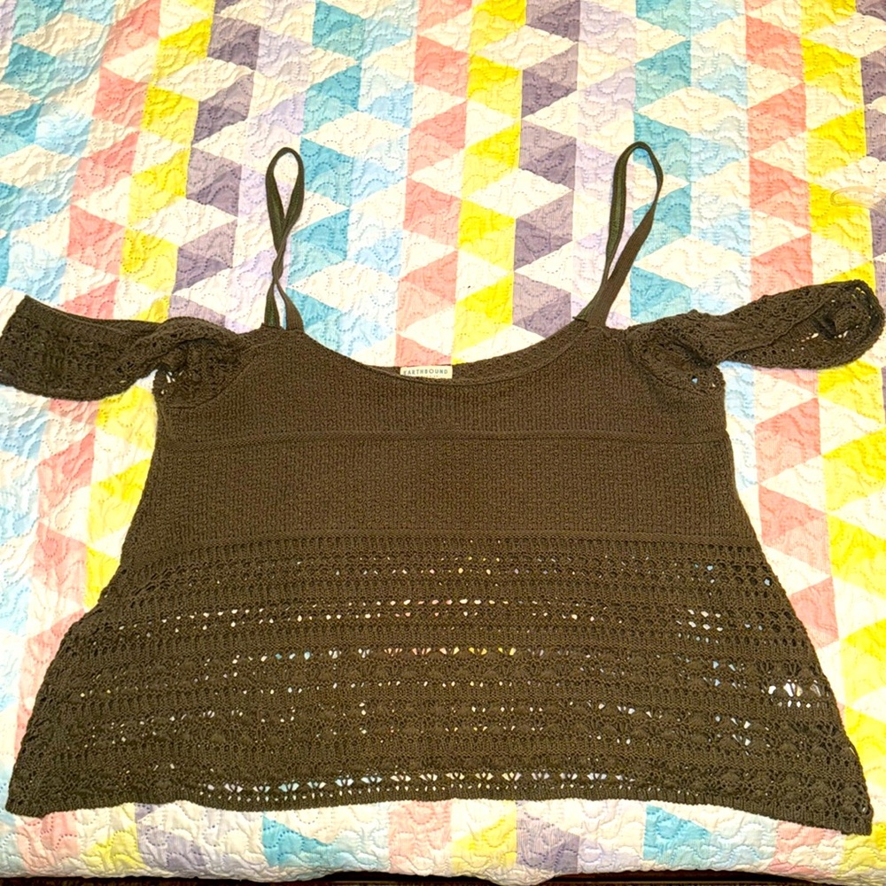 🆕 Earthbound Trading Co. Olive Green Crochet Off Shoulder Blouse XL